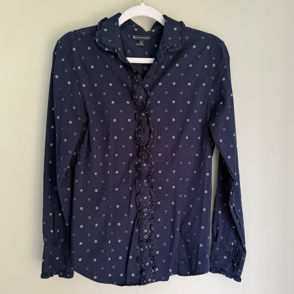 Brooks Brothers Button Up Shirt Blue Floral Ruffle Placket Cuffs 100% Cotton 8